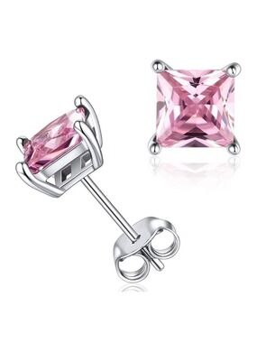PINK SWAROVSKI CRYSTAL 14K WHITE GOLD FINISH SQUARE STUD EARRINGS